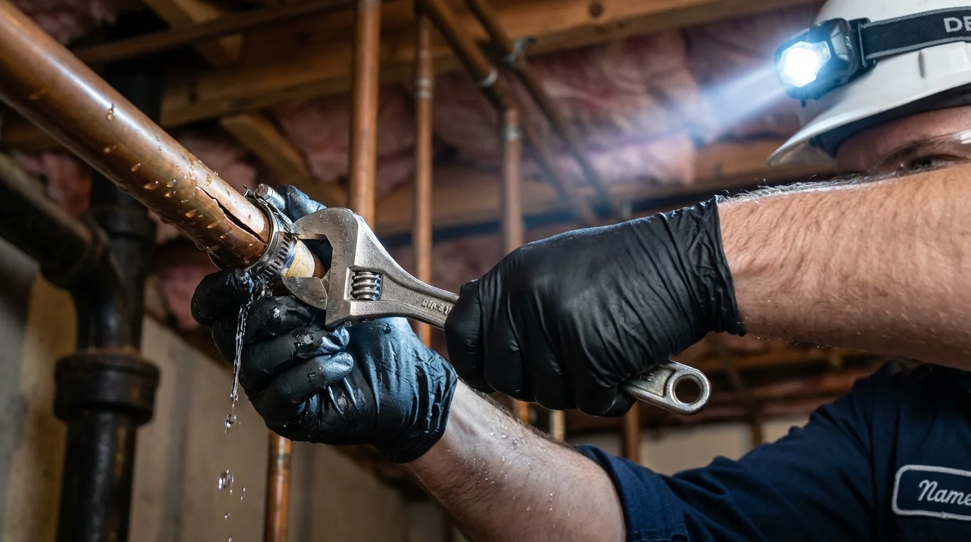 Emergency pipe clamp repair being performed by a Johns Plumbing LLC plumber in Mohave Valley