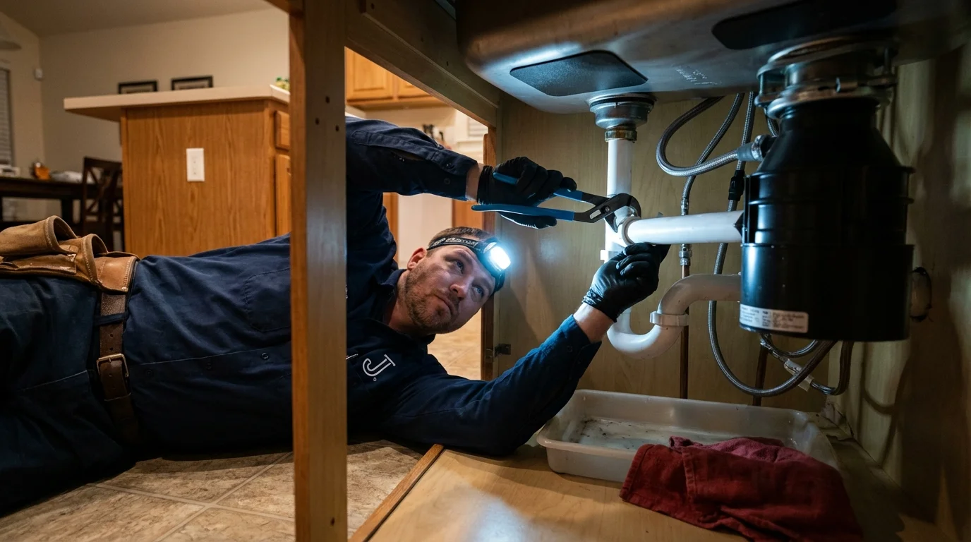 P-trap and supply line connections under a kitchen sink showing a common leak point in Mohave Valley, AZ